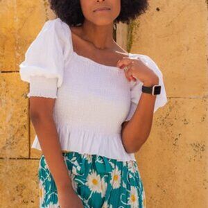 White Puff Sleeve Smocked Top